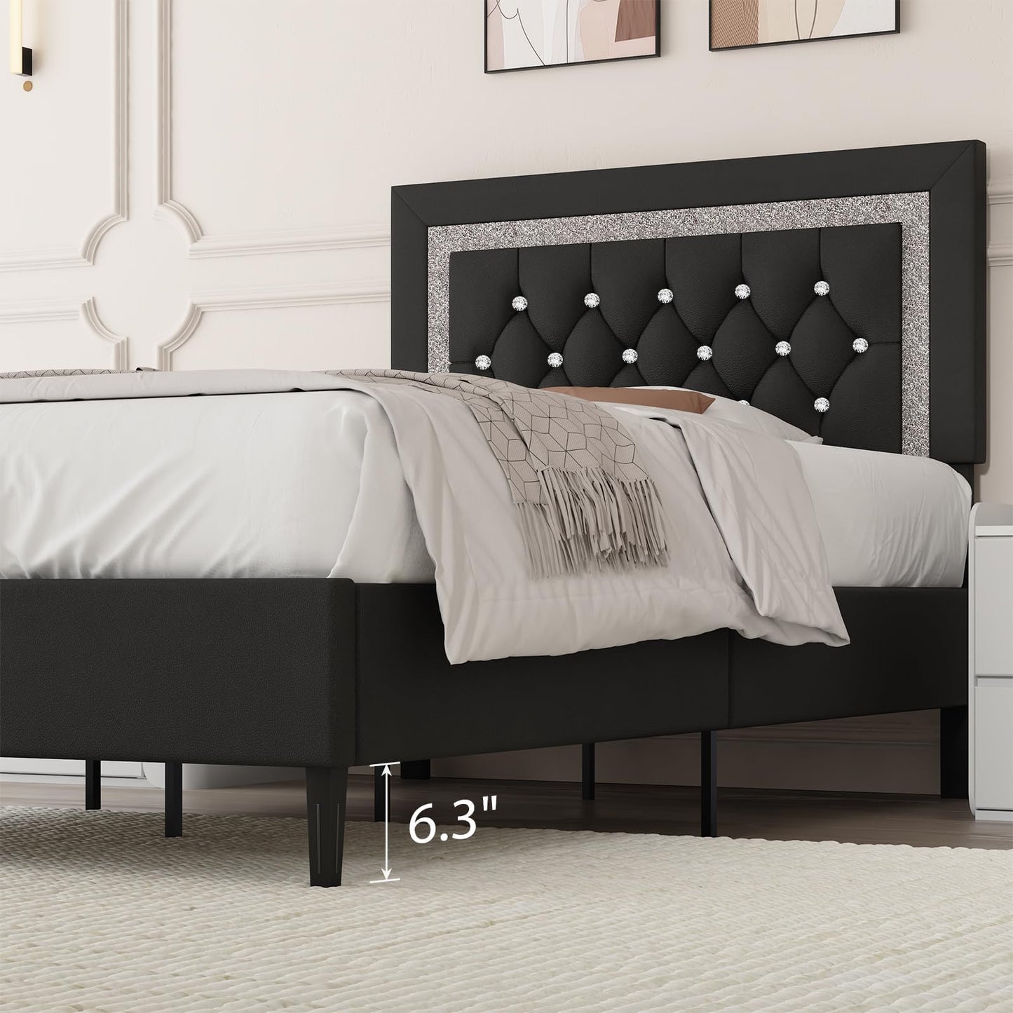 Twin Bed Frame with Tufted Button Headboard, Upholstered Platform Bed Frame with Diamond Design, Wood Slat Support, No Box Spring Needed, Easy Assembly, Black
