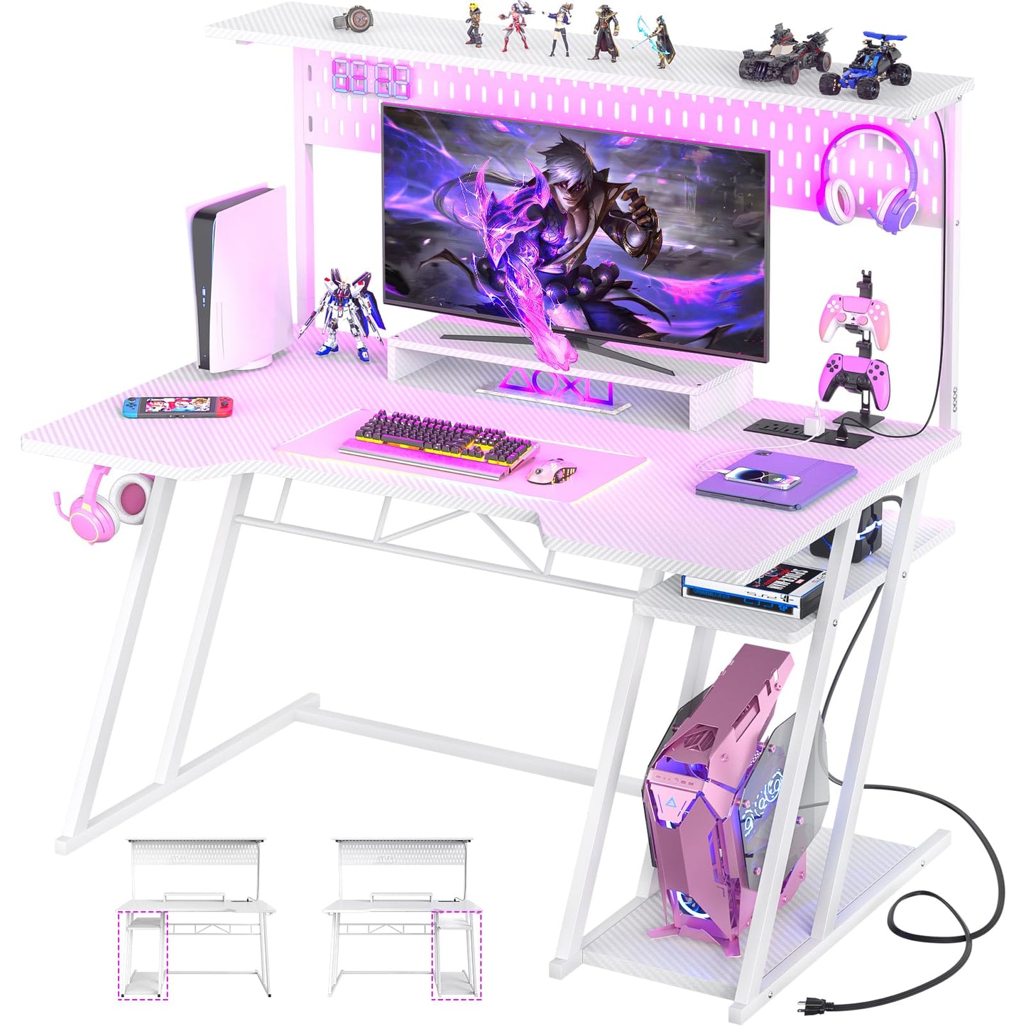 Armocity Gaming Computer Desk with Power Outlets, Gaming Desk with Hutch and LED Lights, Reversible PC Gaming Desk with Pegboard, Carbon Fiber White, 47"