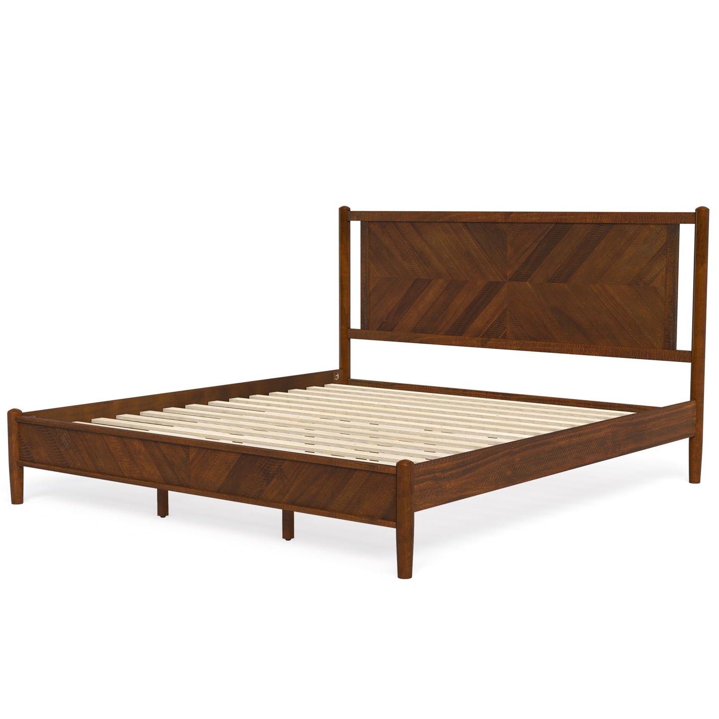 Cozyman Bed Frame King Size and Headboard, Acacia Wood, No Box Spring Needed, Herringbong Pattern, 800 lbs, Non-Slip Without Noise, Walnut