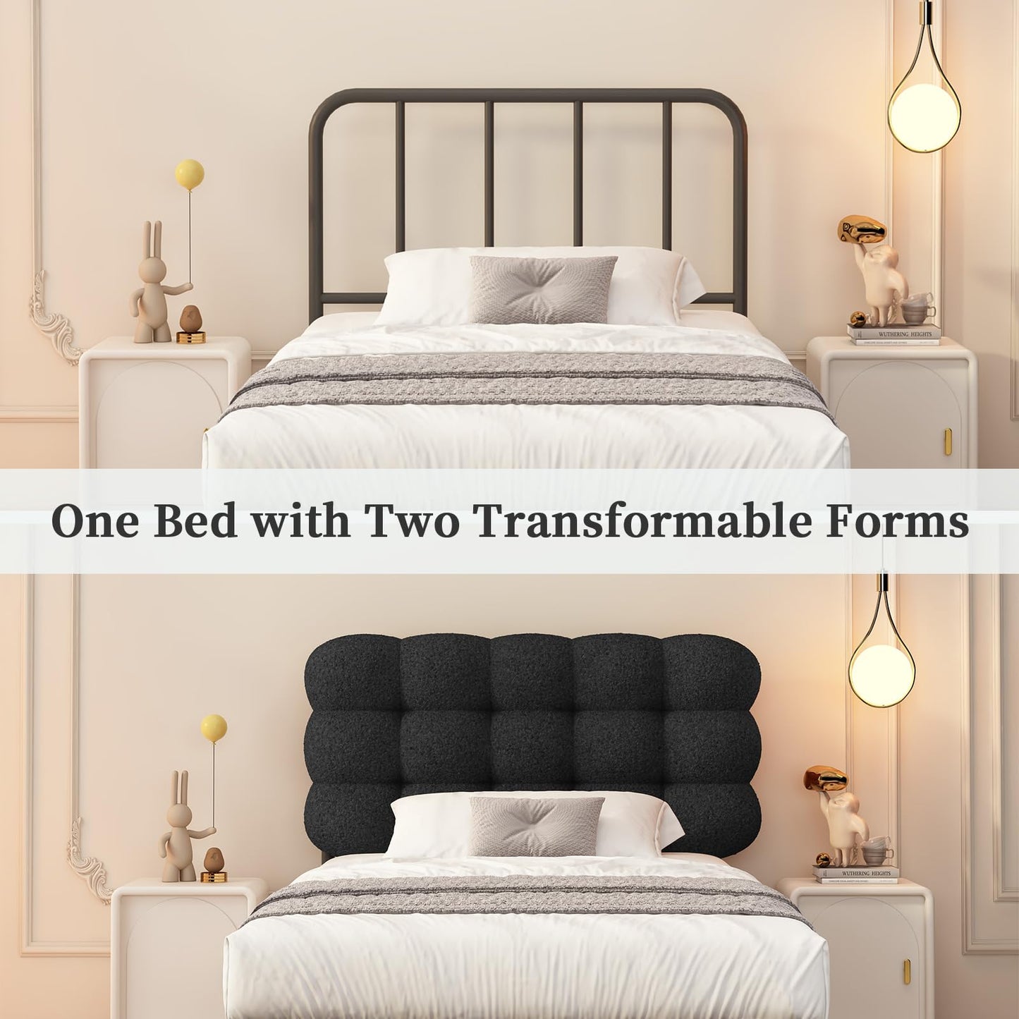 Twin Bed Frame with Upholstered Headboard, Platform Bed with Strong Wooden Slats Support, Two Bed Forms Design, No Boxing Spring Needed, Easy Assembly, Black