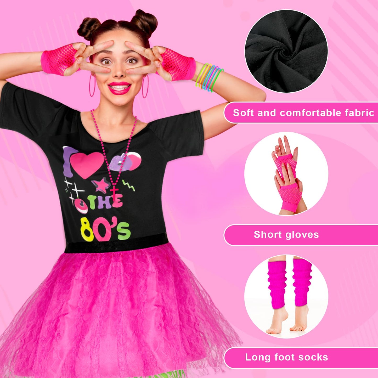 Mukum 80s Costume Set for Women 80s Outfit Accessories Set Off Shoulder Pink T Shirt Leggings Bracelets Hairband Fishnet Gloves Beaded Necklace for Hollowen Party-M