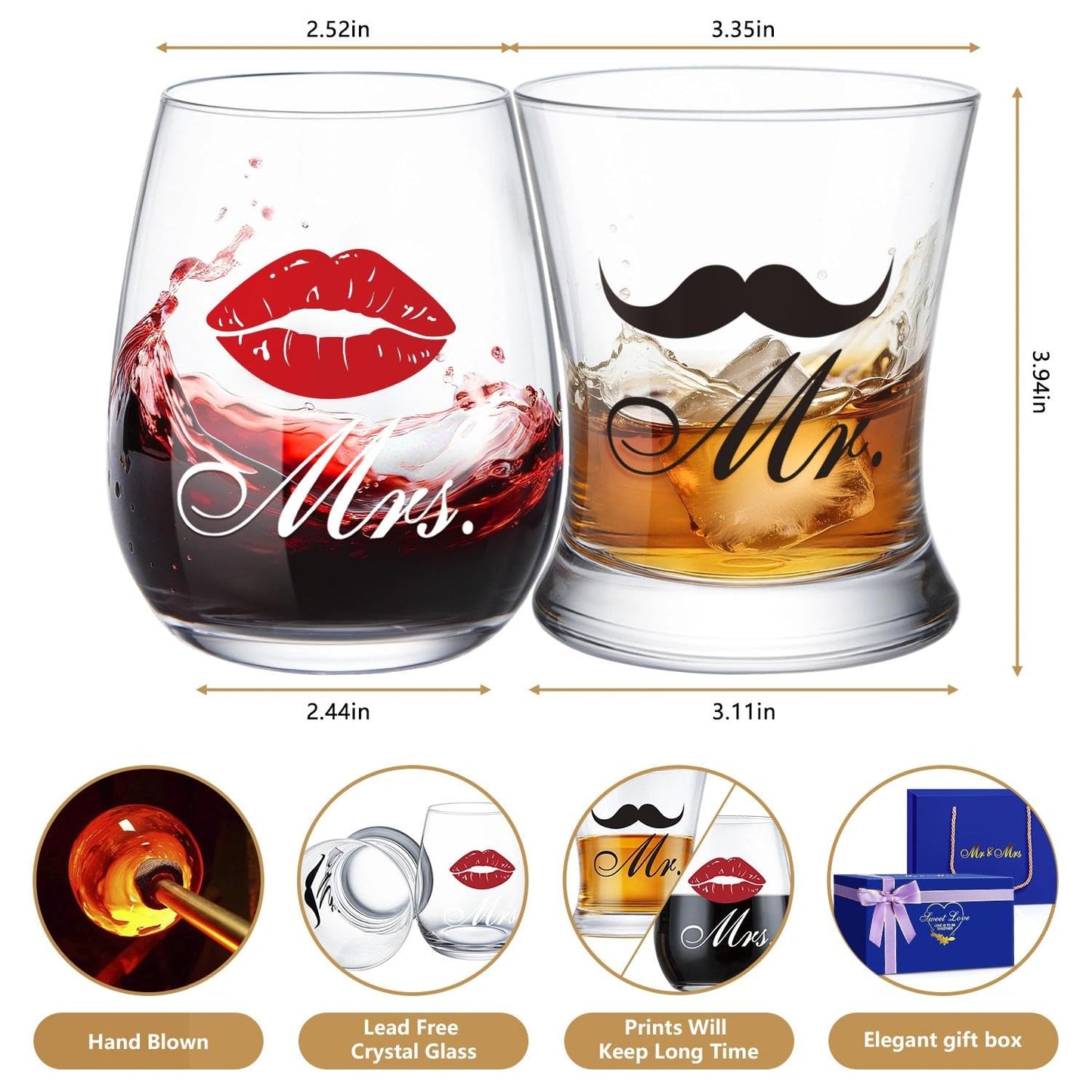 LIGHTEN LIFE Wedding Engagement Gifts for Couples, Bridal Shower Gift for Bride and Groom Newlyweds, Anniversary Mr and Mrs Whiskey Wine Glasses Set with Appron