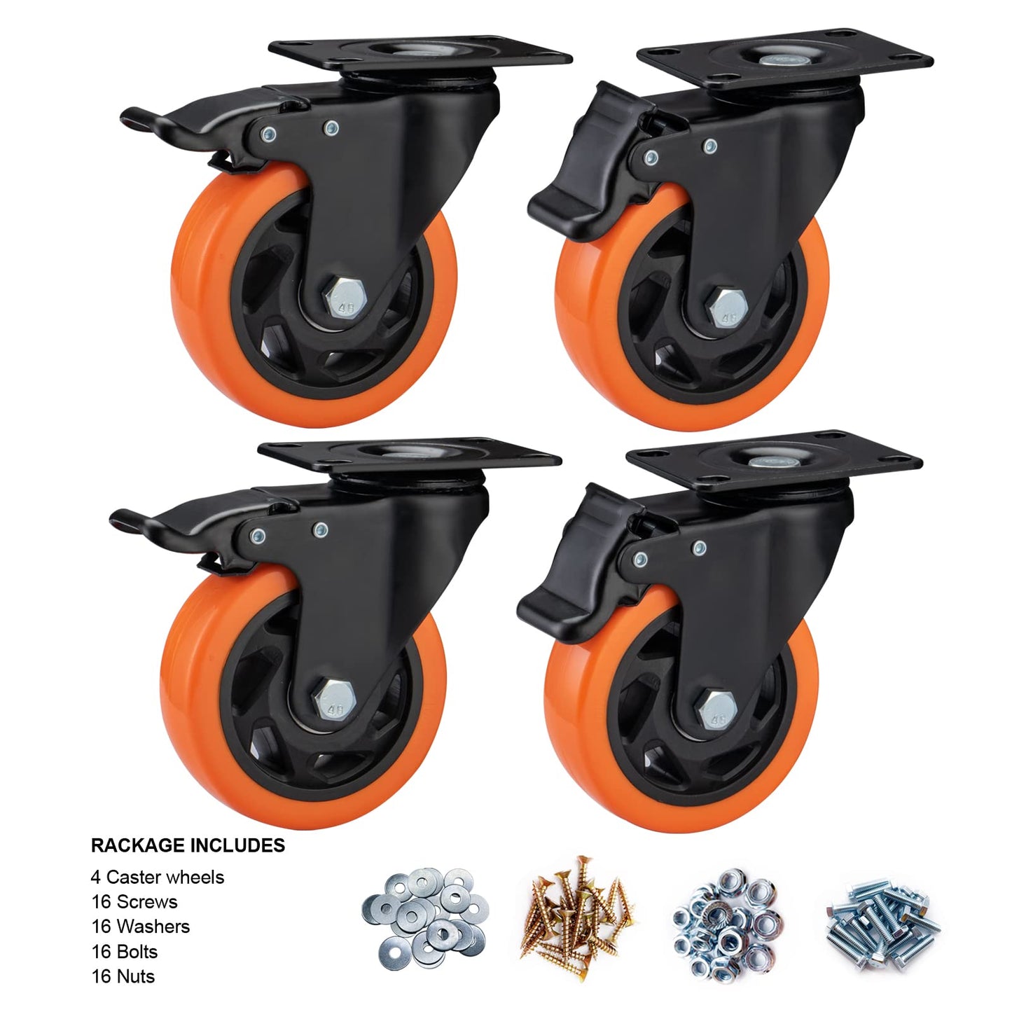 ASRINIEY 4" Caster Wheels, Casters Set of 4 Heavy Duty - Orange Polyurethane Castors, Top Plate Swivel Wheels, 4-Pack Industrial Casters with Brake, Locking Caster for Furniture and Workbench