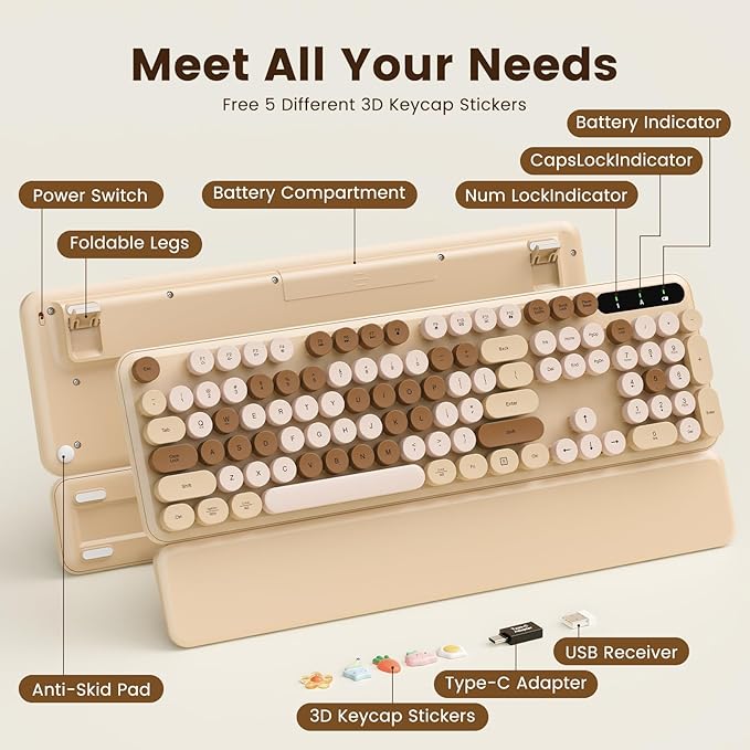 Wireless Keyboard, Round Keycaps, Retro Typewriter Keyboard with Detachable Wrist Rest, Sleep Mode, Foldable Legs, 2.4GHz Full-Size Cordless Computer Keyboard for Windows/PC/Laptop (Latte)