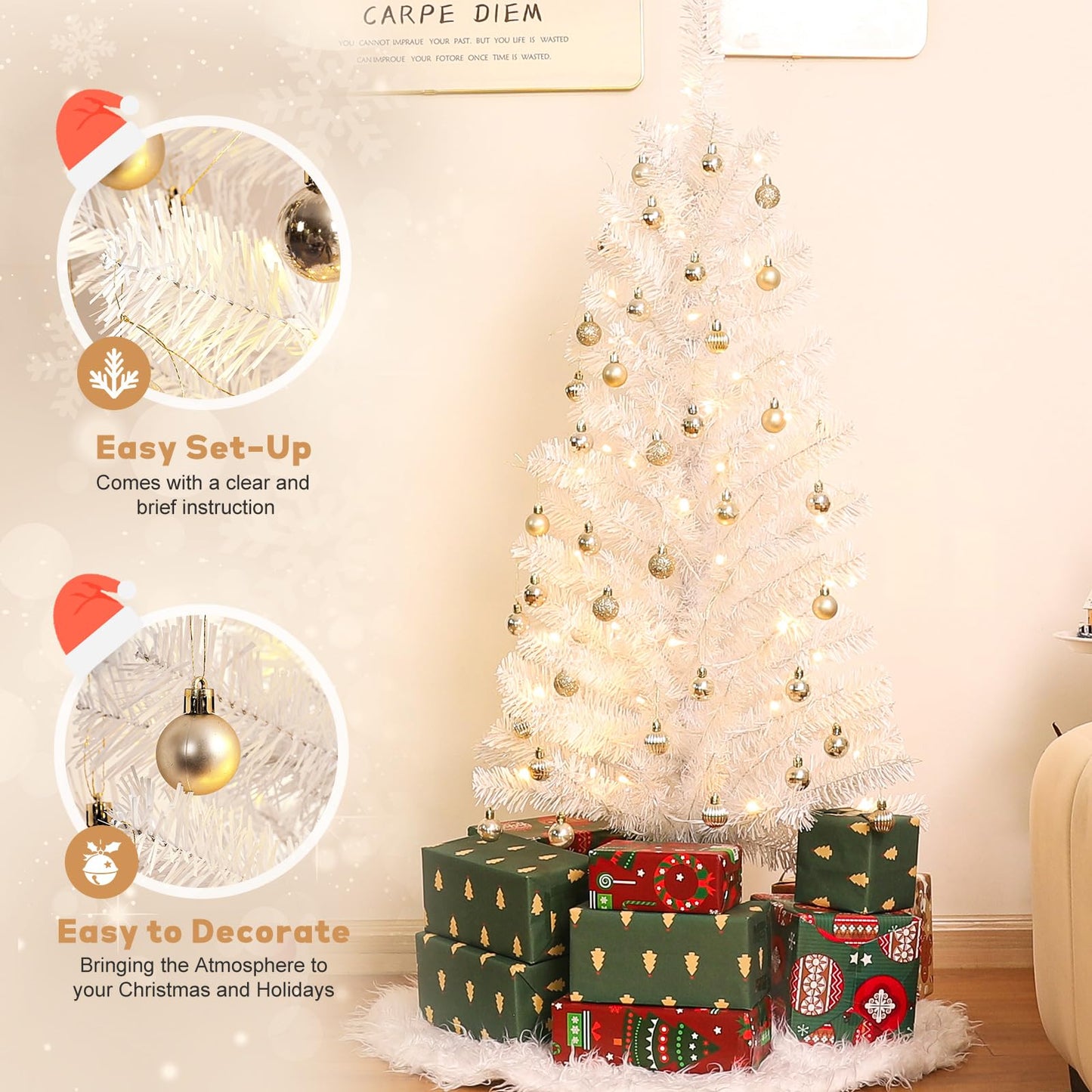 Decoway Pre-Lit Artificial Christmas Tree, 4ft Slim White Tinsel Christmas Tree with Warm White LEDs, Battery Operated - Includes Stand, Fire Retardant PVC for Small Spaces, Home Indoor Decoration
