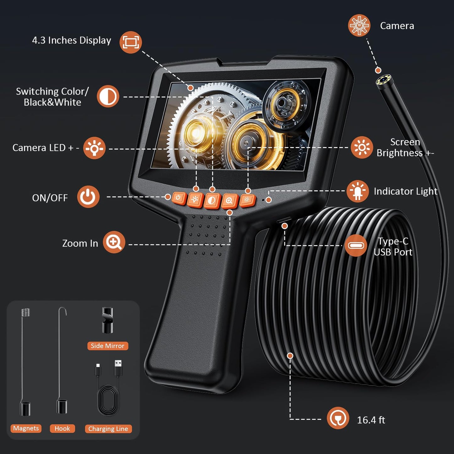 Endoscope Camera with Light: 4.3" Inspection Borescope Camera for Sewer - 16.4ft Waterproof Industrial Endoscope - Flexible Snake Bore Scope for Plumbing Automotive