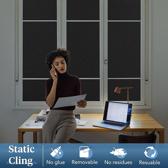 Haton Blackout Window Film, Frosted Privacy Cover for Glass, Sun Light Blocking Black Out Window Tint, Static Cling Room Darkening Heat Control Shades for Home Day and Night, Black 23.6" x 78.7"