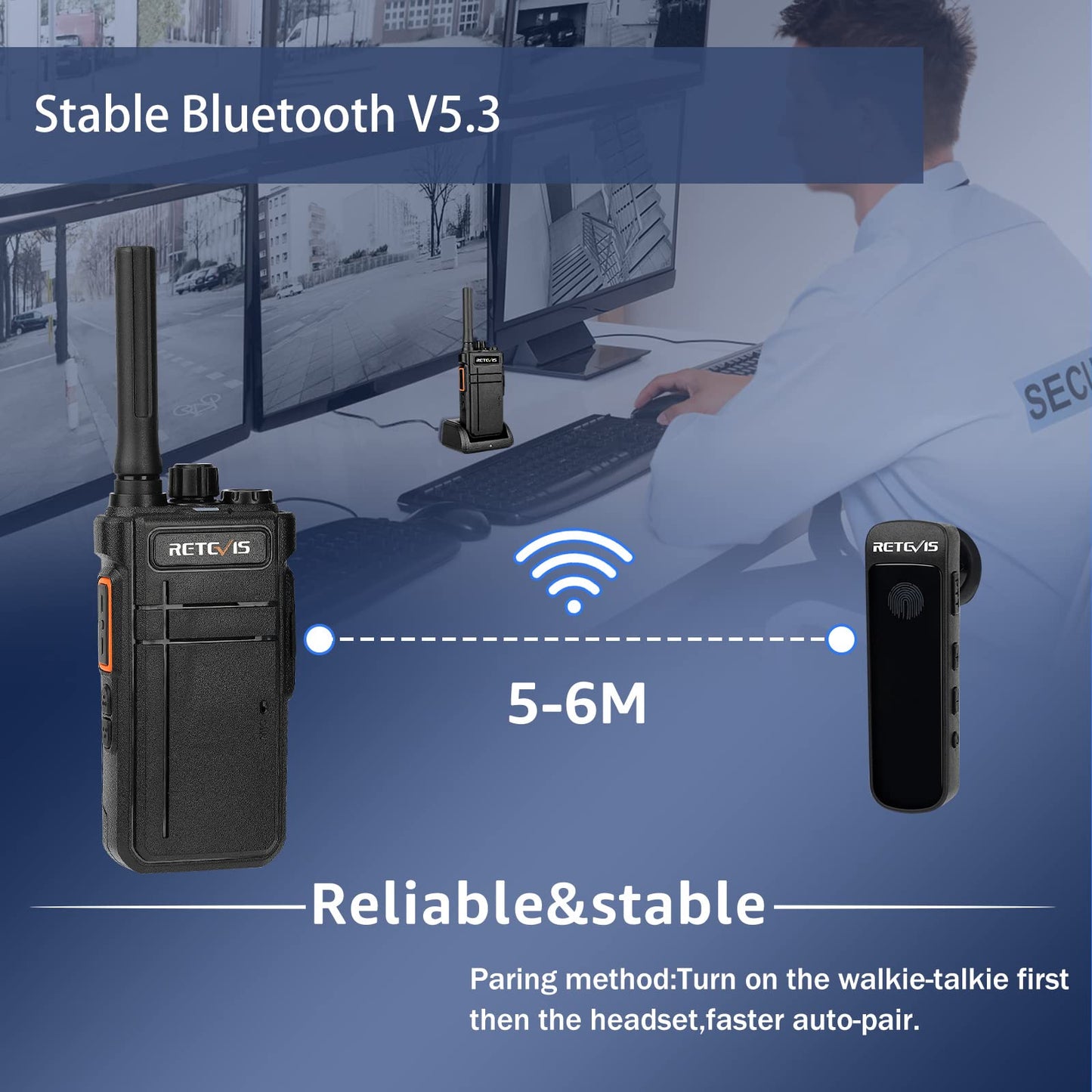 Retevis RB37 Bluetooth Walkie Talkies, 2000mAh, 120h Standby, Wireless Earpiece, Flashlight, Black, 4 Pack