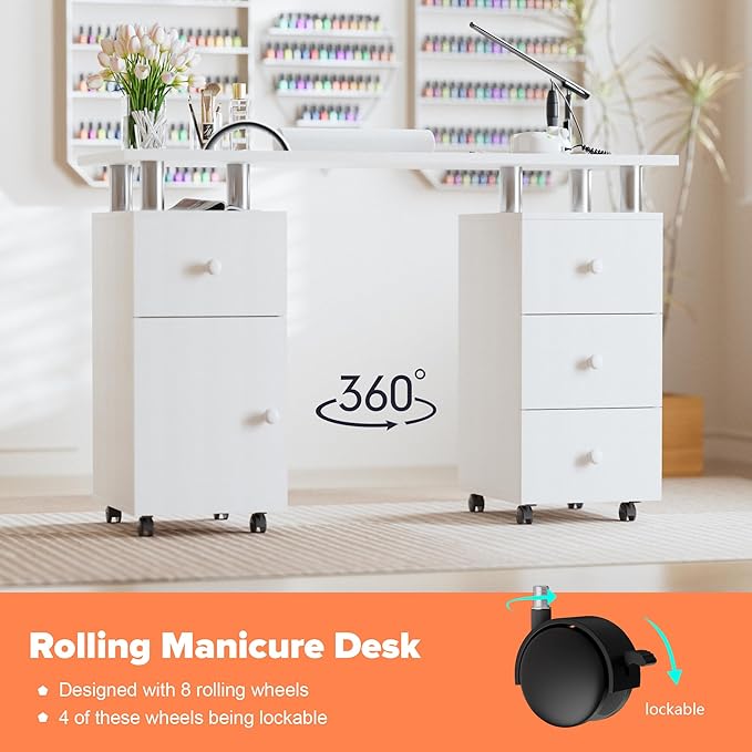 Manicure Table Nail Station 47 inch Nail Desk for Nail Tech with Drawers/Wrist Pad/Lockable Wheels Salon Spa Beauty Bar Technician,White