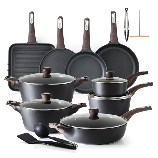 SENSARTE Pots and Pans Set Non stick, Non toxic Healthy Induction Cookware Sets, 26 Pcs Nonstick Kitchen Cooking Set, w/Frying Pans Set, Saucepans Set, Stockpots Set, PFOA PFOS Free, Black