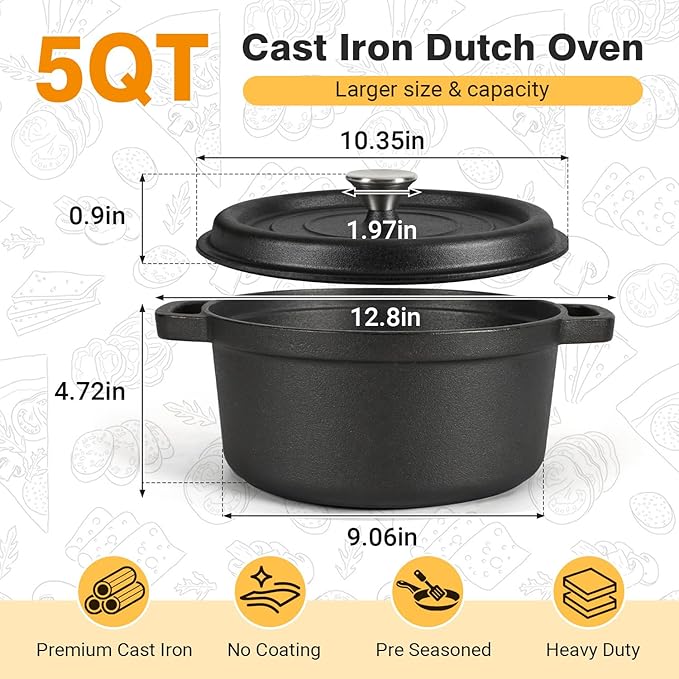 5 Qt Sourdough Dutch Oven with Lid, Cast Iron Dutch Oven for Bread Baking, Dutch Pot with Bread Baking Supplies