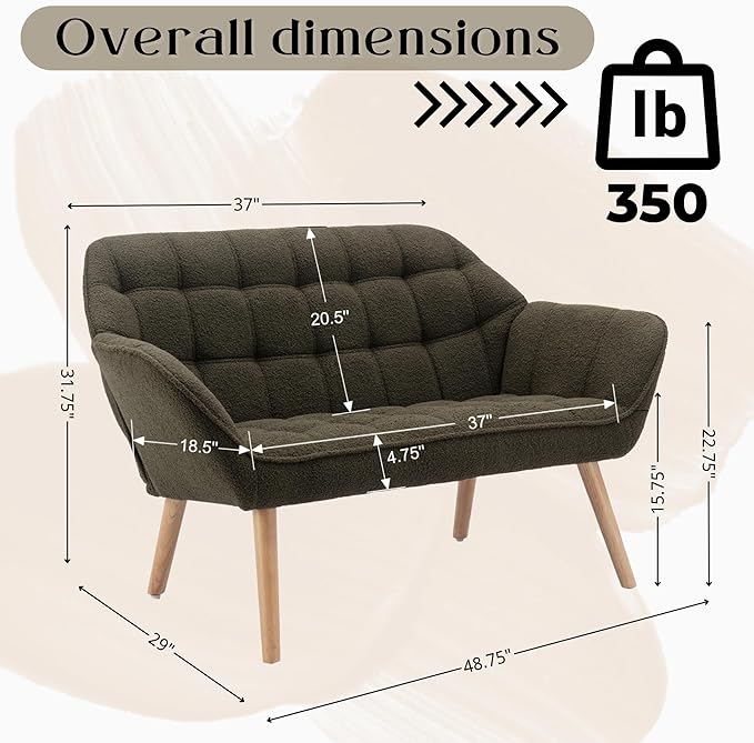 Hyfirm Small Loveseat Sofa, 48 inch Sherpa Love Seat for Living Room Comfy Mini Couch with Wood Legs for Small Spaces Bedroom Apartment Office, Dark Green