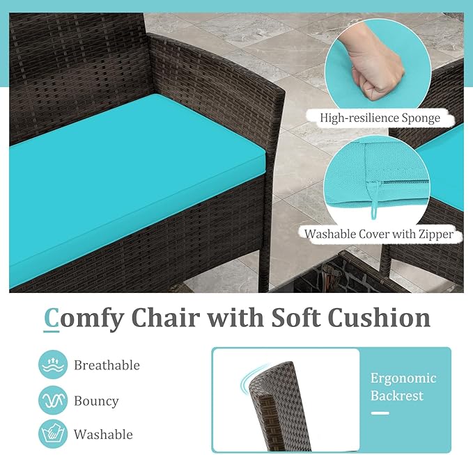KOTEK 8 Piece Patio Furniture Set, Outdoor Rattan Conversation Set with Loveseat, Wicker Chairs, Tempered Glass Coffee Table, Wicker Patio Set for Backyard, Porch (Turquoise)