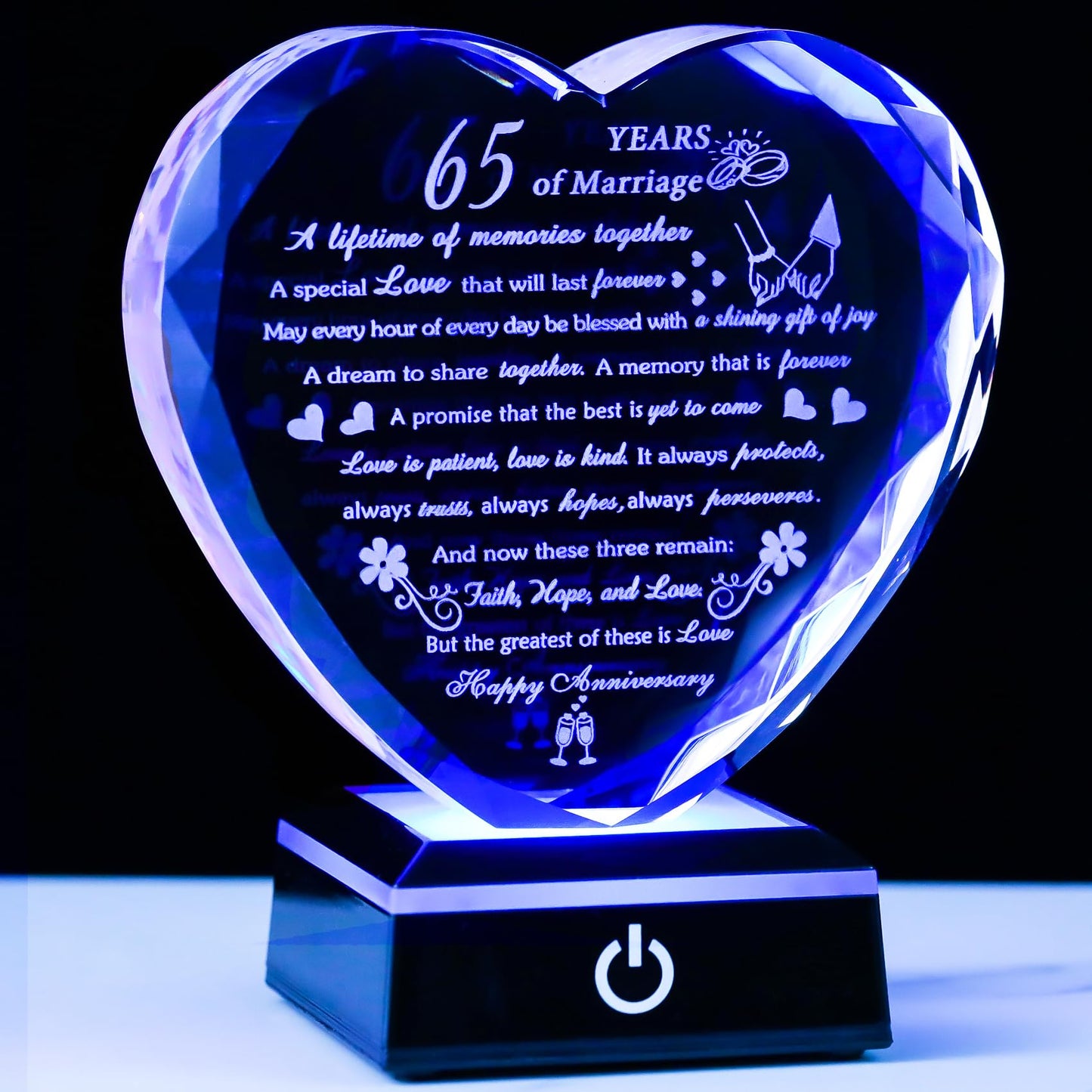 Happy 65th Wedding Anniversary Crystal Gifts for Couples Parents with Light Base, Romantic Heart 65th Anniversary Keepsake Gifts for Her Him, 65 Years of Marriage Gift for Wife Husband