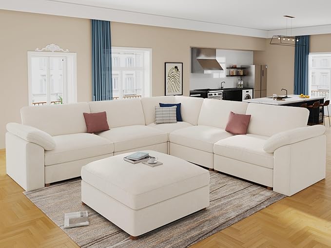 EASE MOOSE Sectional Modular Sofa,Luxury FSC Certified Chenille Comfty Deep Seat Couch for Living Room,Solid Wood Frame Sofa,White