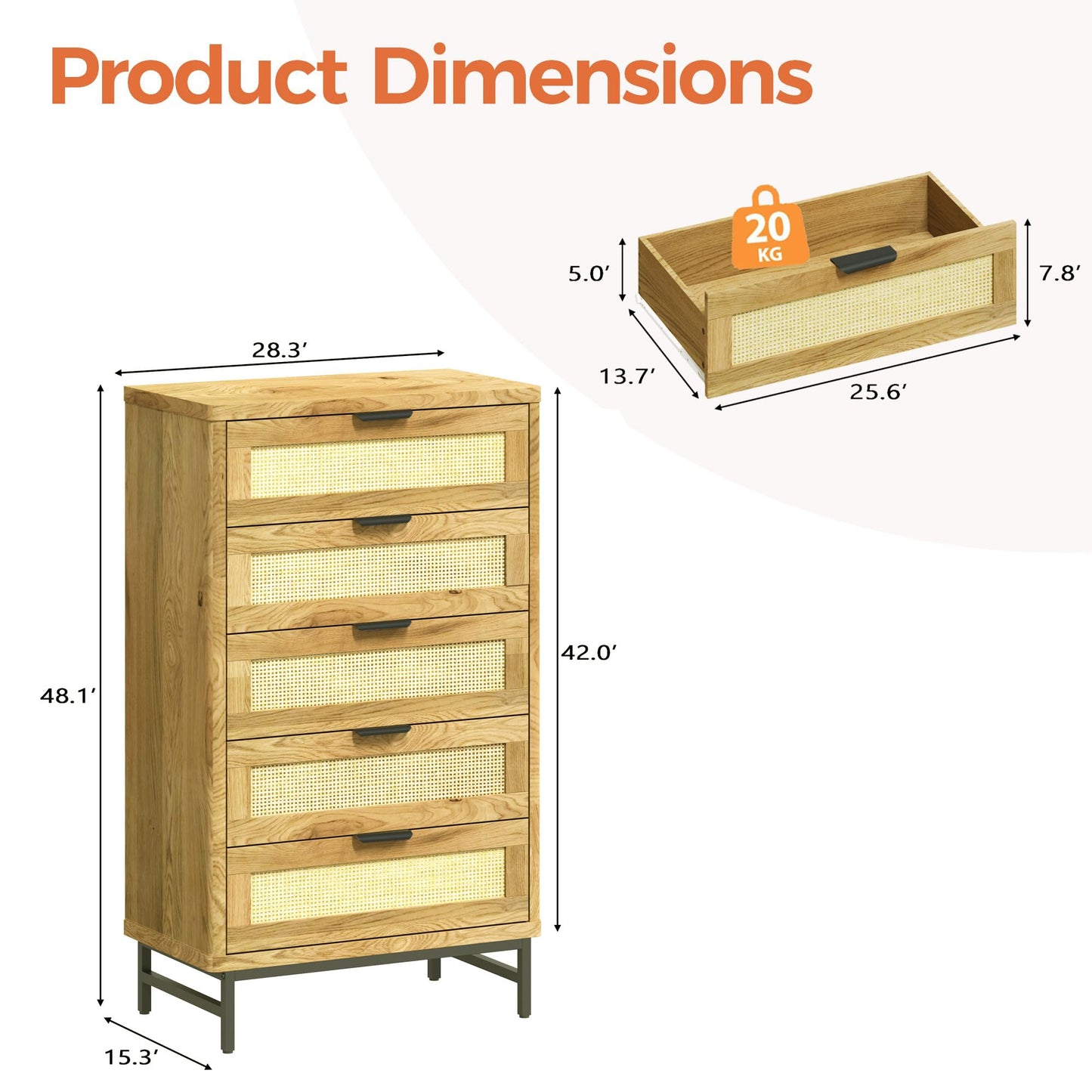 ALBSL 5-Drawer Dressers,Tall Dresser Vertical Storage Tower for Bedroom,Rattan Chest of Drawers Organizer Unit with 5 Drawers, Storage Cabinet for Hallway,Living Room and Entryway,Natural
