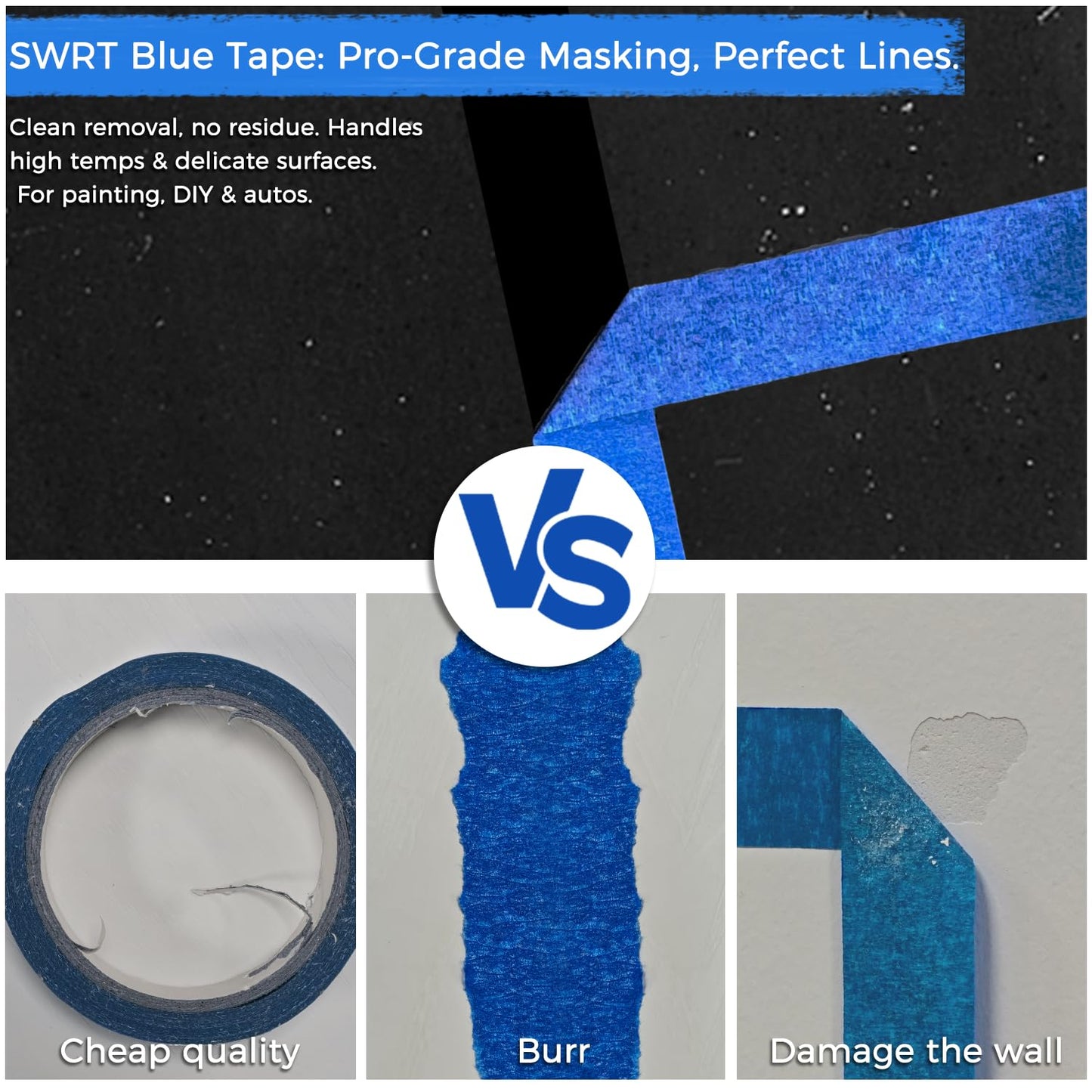 SWRT Blue Painters Tape 1 Inch Wide, 4 Rolls x 55 Yards (220 Yards Total) – Clean Removal Painters Tape for Sharp Paint Lines, Multi-Surface Masking Tape for Walls, Trim & Home Painting Projects