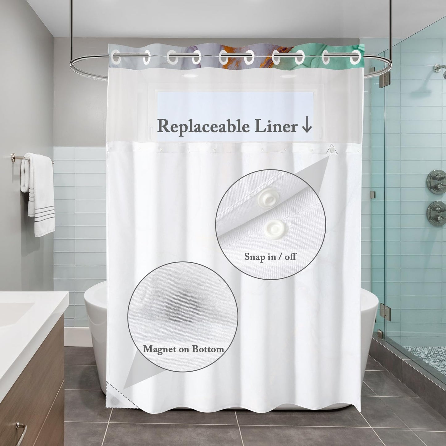 Gibelle No Hook Marble Shower Curtain with Snap-in Fabric Liner Set for Bathroom, Hotel Style Abstract Modern Shower Curtain with See Through Top Window, Waterproof & Washable, 71x74, Green