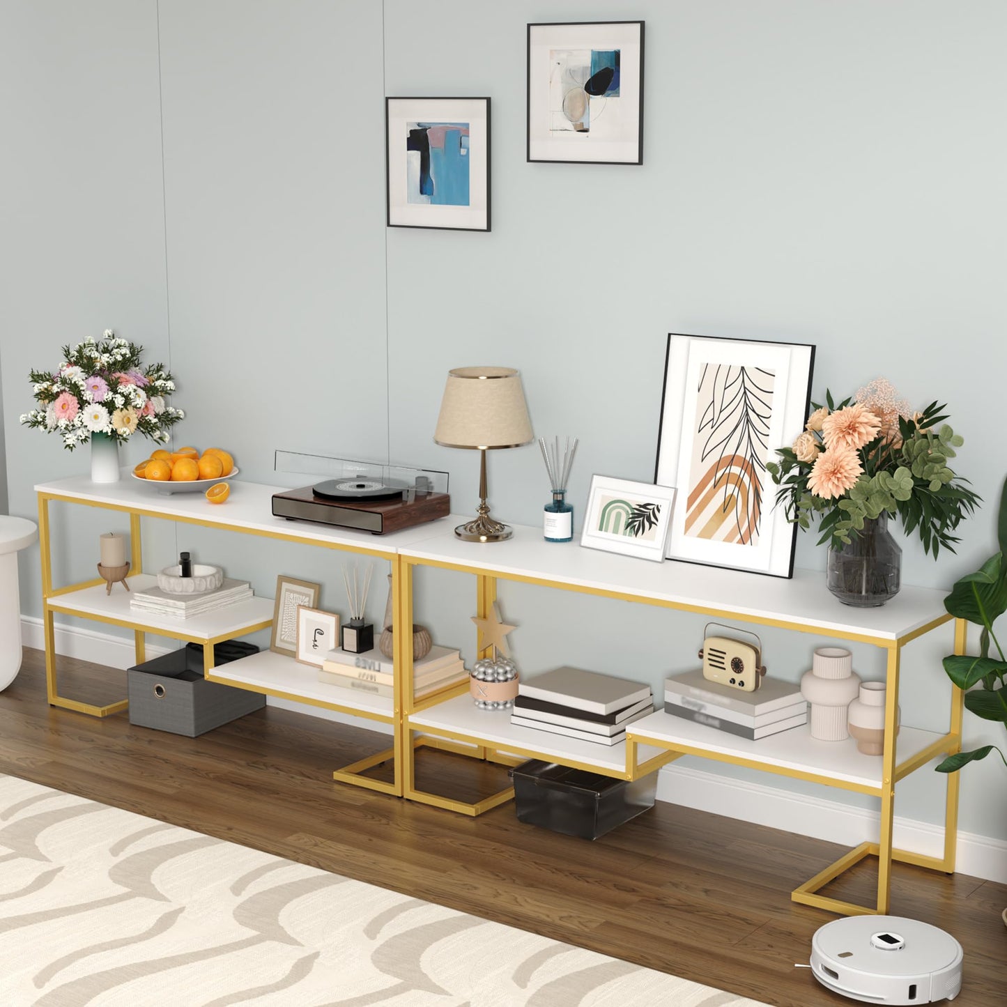 Housoul Console Table, 3-Tier Industrial Entryway Table, 53”L Entrance Sofa Table with Shelves, Hallway, Living Room, Foyer, Corridor, Office, White and Gold