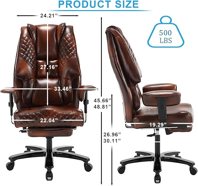 500lb Office Chair, Big and Tall Reclining Office Chair with Footrest, Leather Executive Computer Chair with Wide Seat Recliner Home Desk Chairs with Wheels & Lumbar Support for Heavy People,Brown