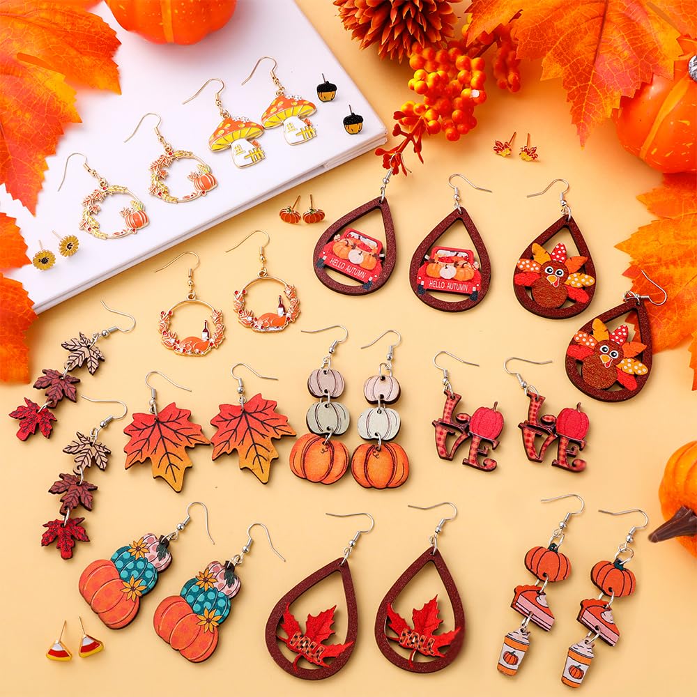 JOICEE 34 PCS Fall Thanksgiving Earrings Set,Autumn Earrings Set Pumpkin Turkey Maple Leaf Sunflower Wooden Dangle Earrings Stud