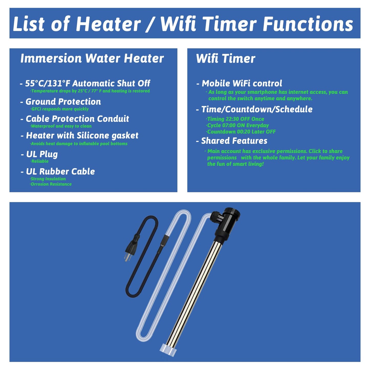 XCLBTFDC 3000W 240V Immersion Water Heater Portable Electric Hot Tub & Pool Submersible Water Heater with 131℉ Temp Control, WiFi Timer for Bathtub, Inflatable Pool, above ground pool & baptismal pool
