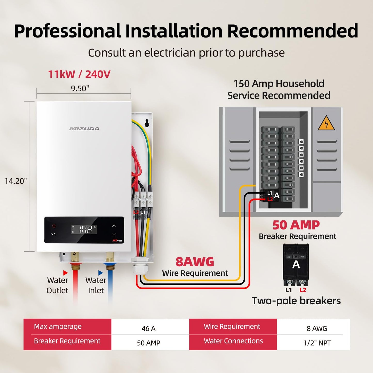 11kW Tankless Water Heater Electric, MIZUDO 240 Volt Instant Hot Water Heater, Suitable for Single-Point Use in a Small Apartment, LED Display, ETL Certified, Ideal for Showering