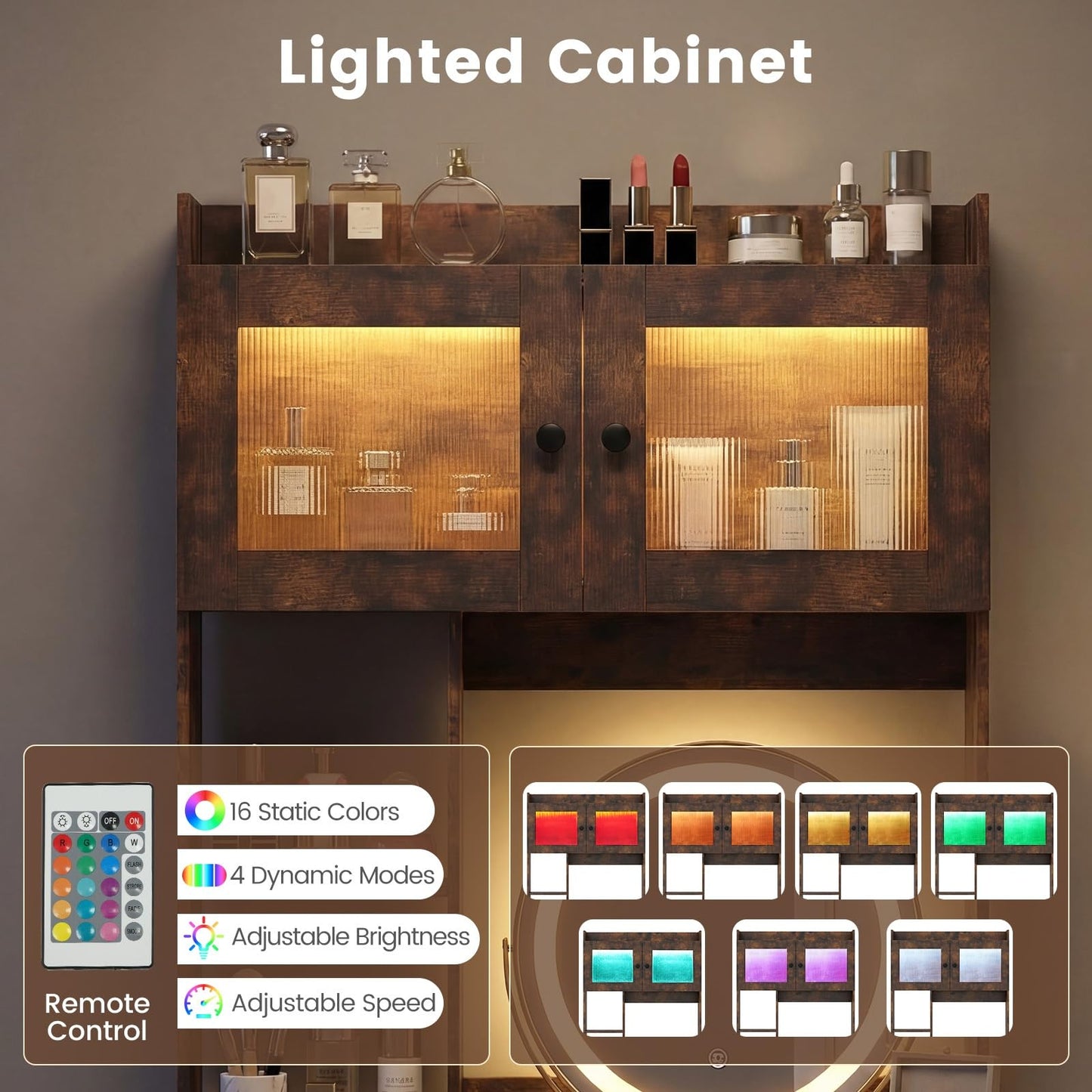 CHARMAID 67'' Tall Vanity Desk with LED Mirror, RGB Lighted Cabinet, Charging Station, Storage Shelves & Fabric Drawers, Metal Frame, Makeup Vanity Table with Hutch for Bedroom (Rustic Brown & Black)