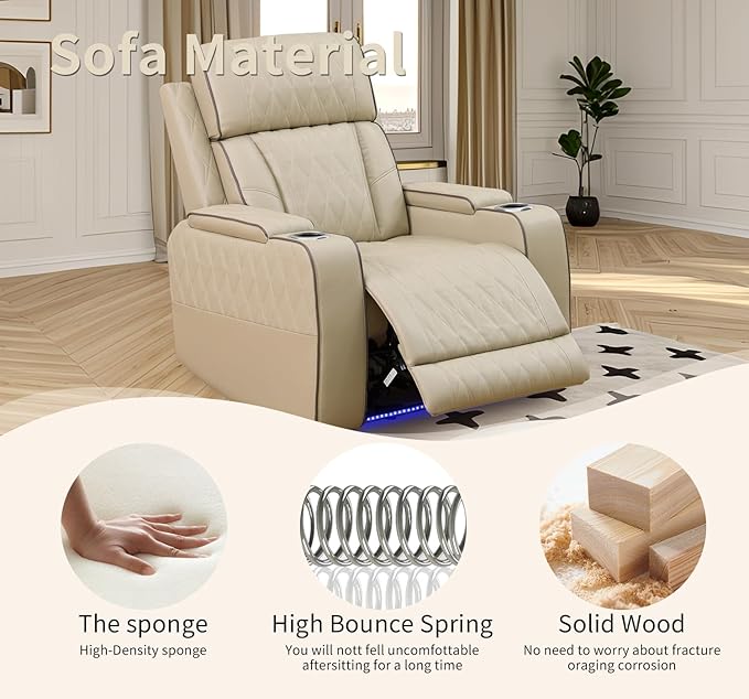 Caberryne Power Recliner Chair with LED Lights,Leather Reclining Couch with Storage Console/Arm Cup Holder for House/Home Theater/Small Space/Rv(Single Chair,Paddy)