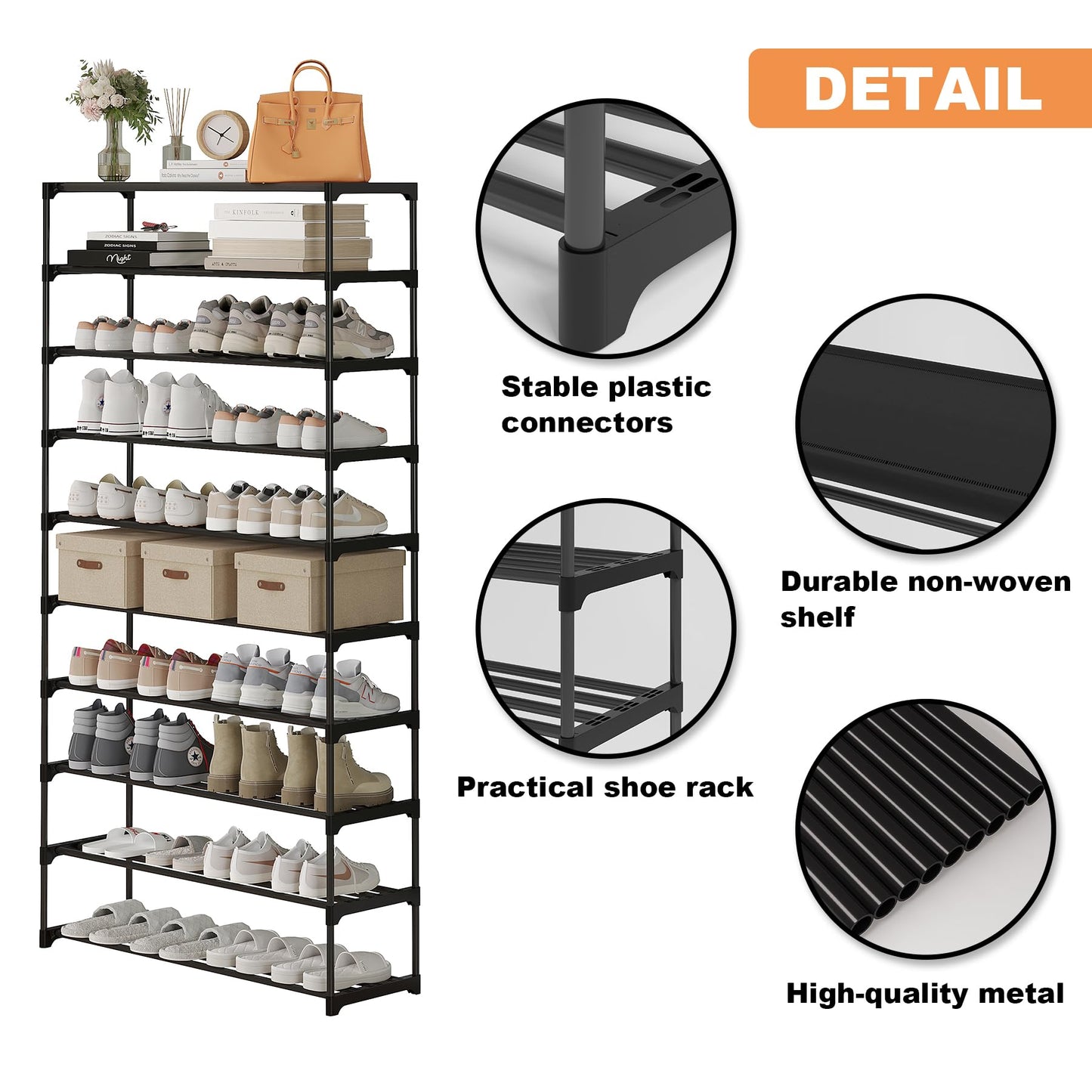 Calmootey 10-Tier Shoe Rack, Tall Large Capacity 50 Pairs Shoes Storage Organizer, Stackable Wide Shoe Shelf for Entryway, Hallway, Black