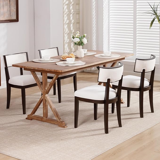 DM Furniture Farmhouse Dining Chairs Set of 4 Upholstered Linen Fabric Dining Room Chairs Mid Century Modern Kitchen Chairs Solid Wood Dinner Chair with Curved Wing Back for Dining/Living Room