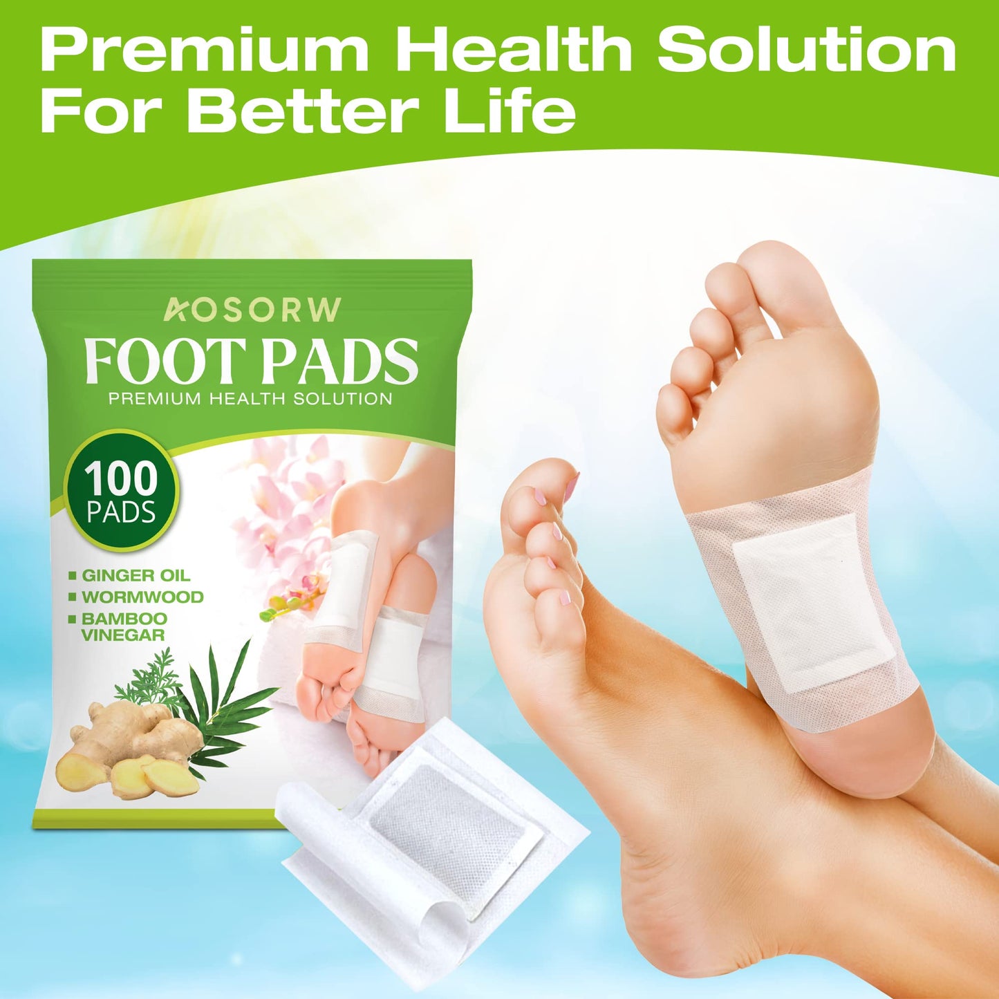 AOSORW 100 Pack Foot Pads, Ginger Oil Bamboo Charcoal Foot Pads, Foot Care Patch, Effective Feet Health Patches, Better Sleep Quality