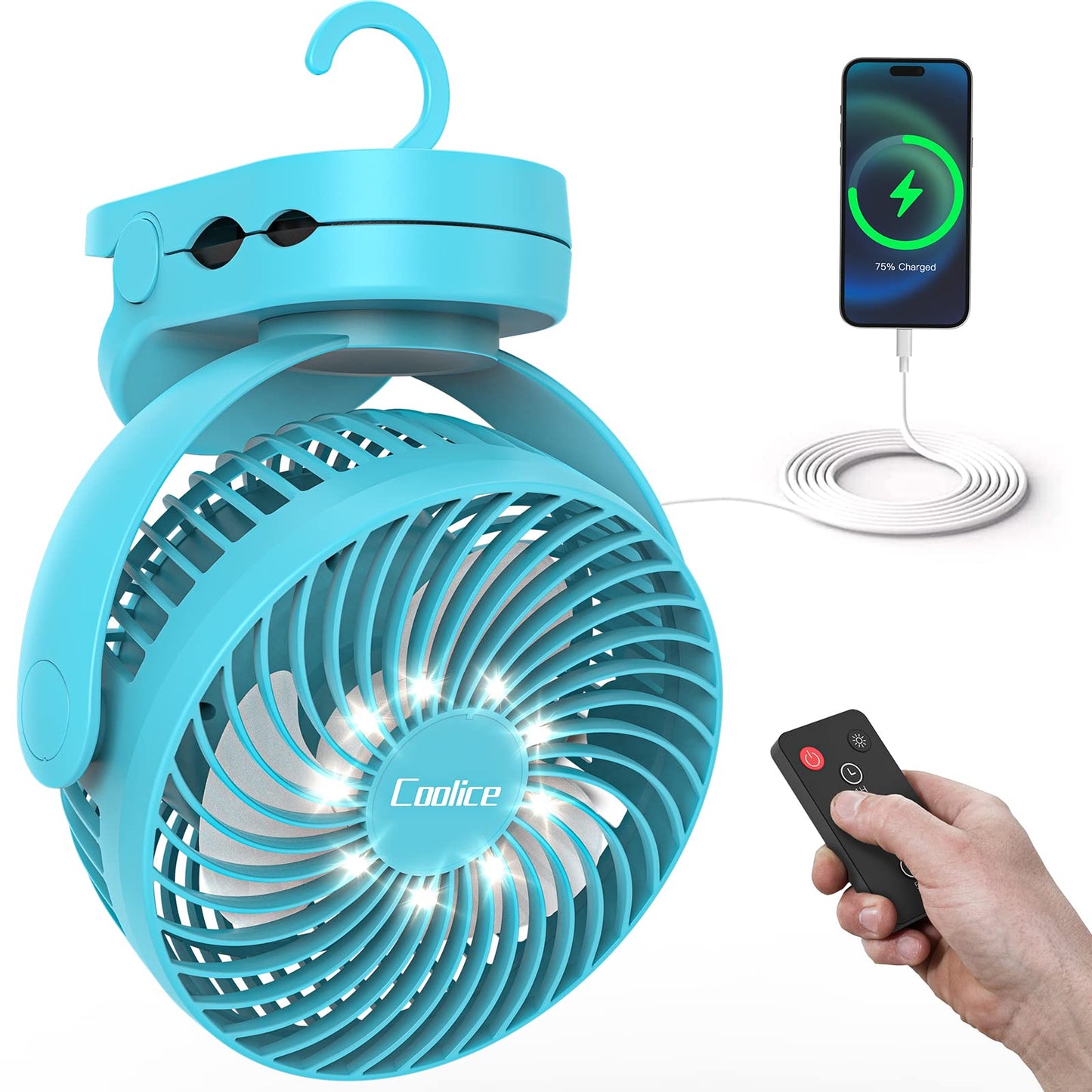 Camping Fan With Remote Control - 12000Mah Rechargeable Battery Powered Fan, Camping Fans For Tents With Led Light & Hanging Hoo