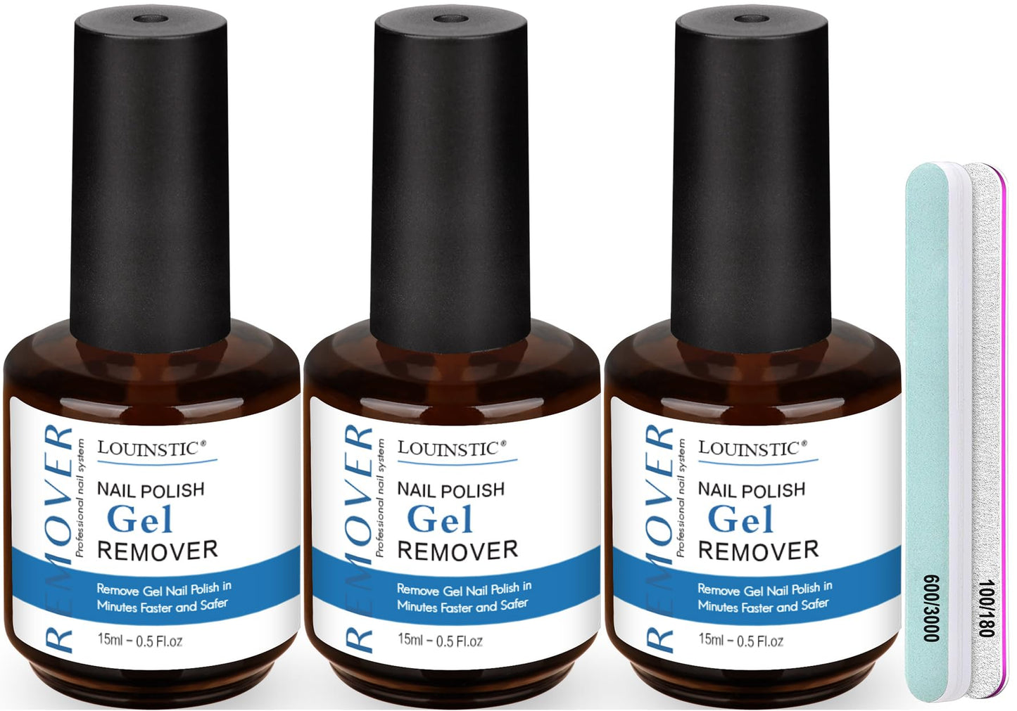 LOUINSTIC Nail Gel Polish Remover - 3 Pcs with Nail File - Non-Irritating, No Damage, Easy to Use at Home(15ml/0.5oz)