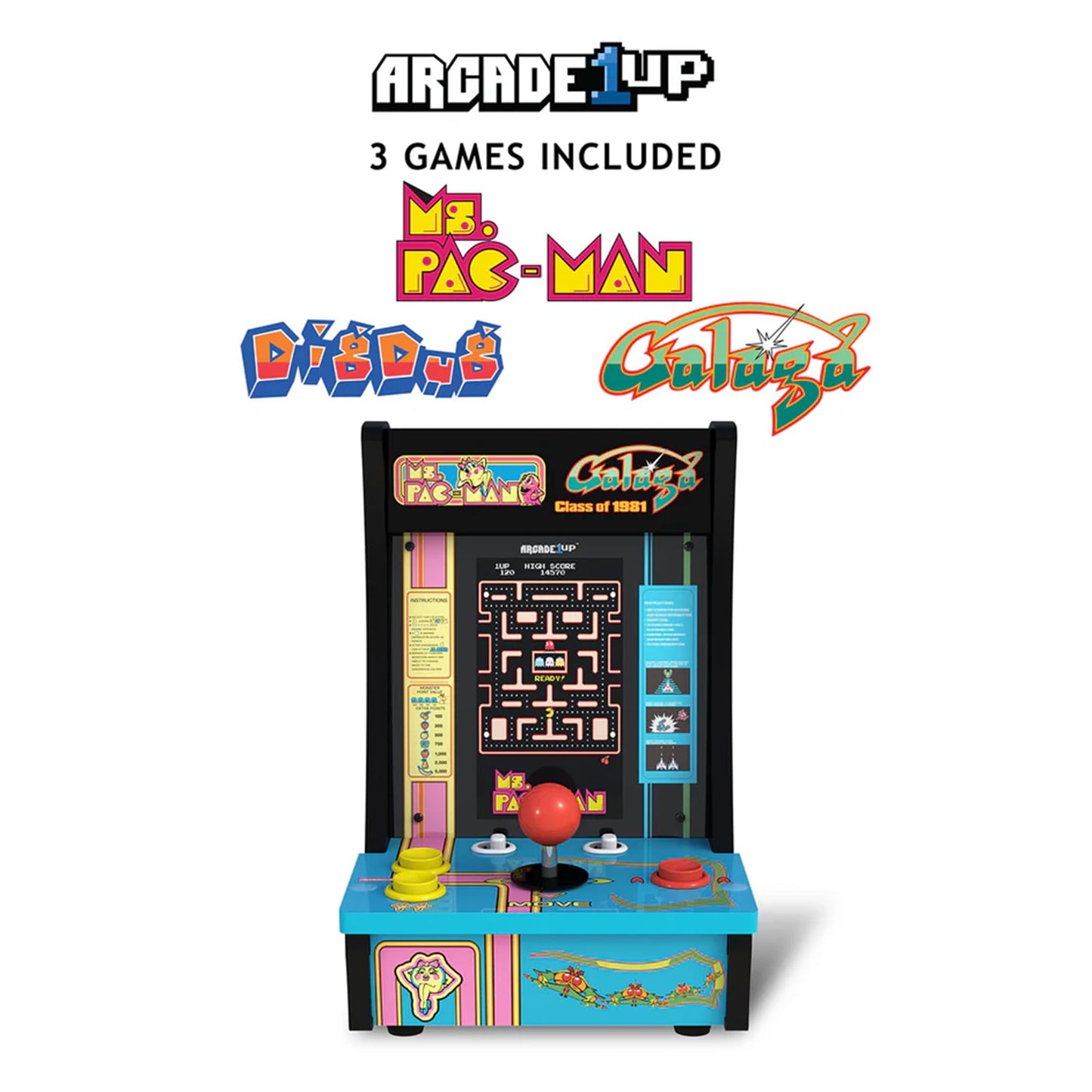 Arcade1Up Class of ‘81 Ms. PAC-Man/Galaga Countercade – 3 Classic Games, Retro Game Console for Home, Portable Console with 7-inch Screen, Table-top Video Game for Game Room