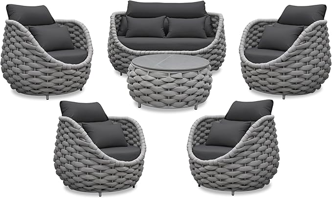 Erotr Aluminum Outdoor Patio Furniture Set: 6 Pieces Porch Rope Conversation Sofa Set - Modern Woven Deck Couch Set Cushioned - No Assembly All Weather Seating for 660lbs Yard Garden Lanai Hotel Pool