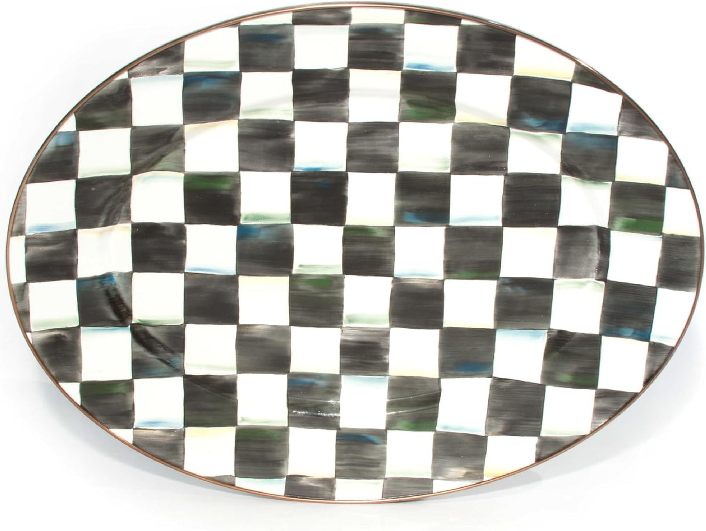 MACKENZIE-CHILDS Enamel Oval Platter, Serving Plate for Entertaining, Medium, Black-and-White Courtly Check