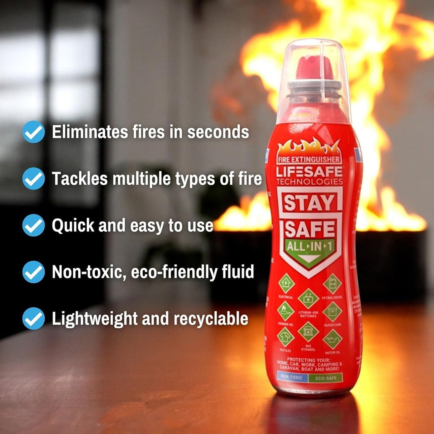 LifeSafe StaySafe All-in-1 Portable Fire Extinguisher with Signature Series Fire Blanket, Compact Emergency Fire Spray, Flame Suppression Fiberglass, Eco-Friendly | for Home Safety