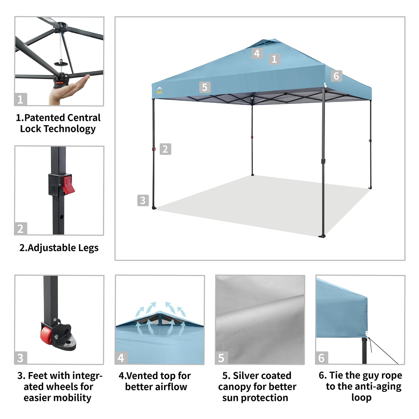 CROWN SHADES 10x10 Pop Up Canopy Tent - Patented Center Lock One Push Instant Outdoor Canopy Beach Tent with STO-N-Go Bag 8 Stakes & 4 Sand Bags，Cyan Blue