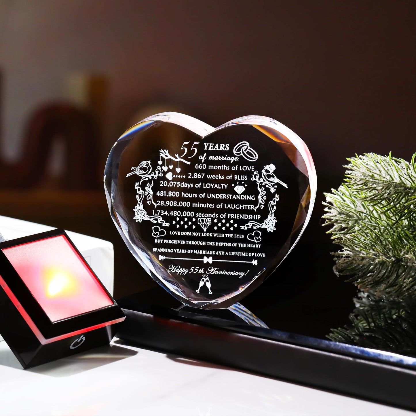 YWHL 55th Wedding Anniversary Heart Gifts with Colorful LED Base Engraved Happy 55th Anniversary Crystal Keepsake Gift for Couples Parents Romantic 55 Years of Marriage Gifts for Wife Husband
