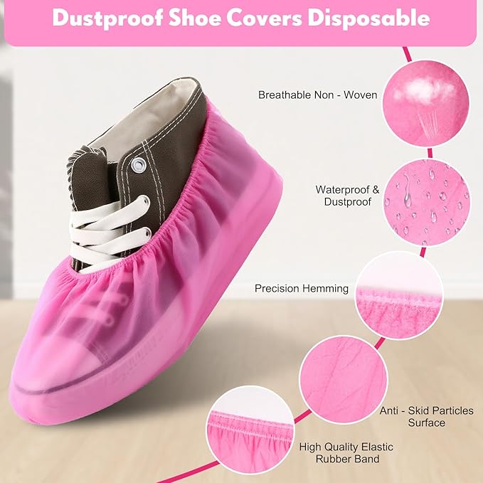 Vabean 1000 Pcs Disposable Shoe Covers Boot Cover Waterproof Nonslip Shoe Protector Covers for Indoor Carpet Floor Workplace Protection, One Size Fit Most(Pink)