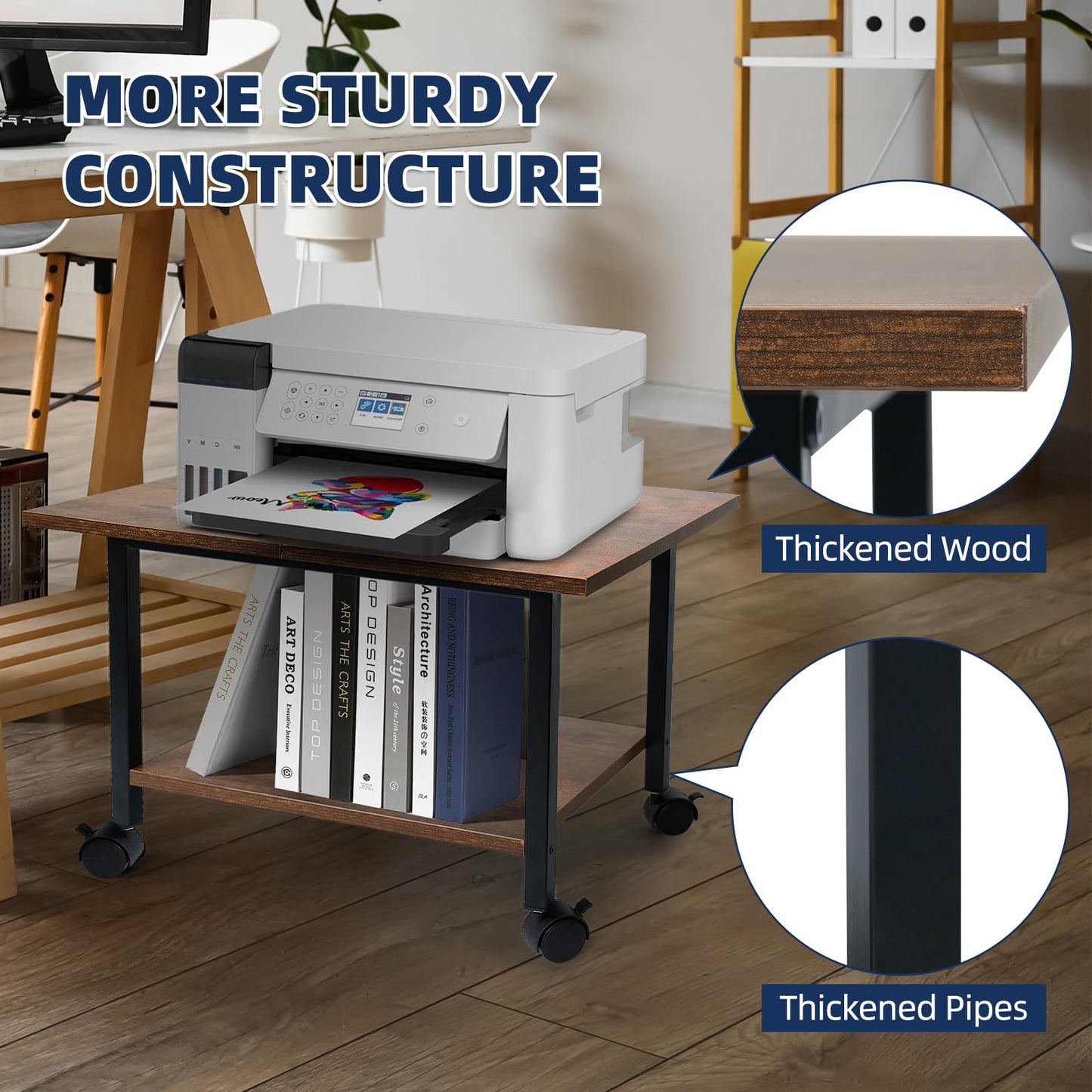 storenization Printer Stand with Storage Shelf, Small Printer Stand for Desk Office Home, Under Desk Printer Table with Rolling Wheels, Heavy Duty Mobile Machine Cart with Shelf, Rustic Brown