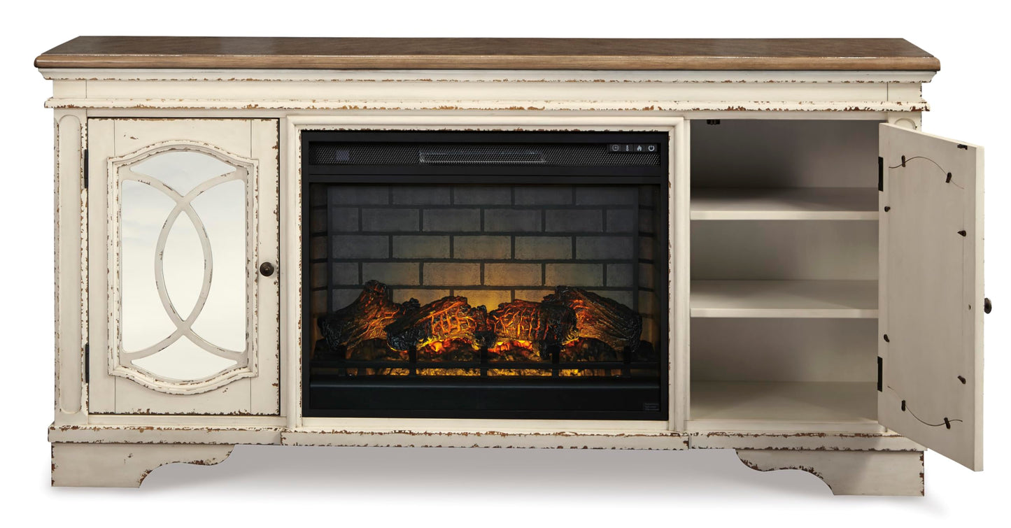 Signature Design by Ashley Realyn Vintage Casual TV Stand with Electric Fireplace, Heats Larger Rooms, Bronze Hardware, Wood, 74' Wide, White & Brown