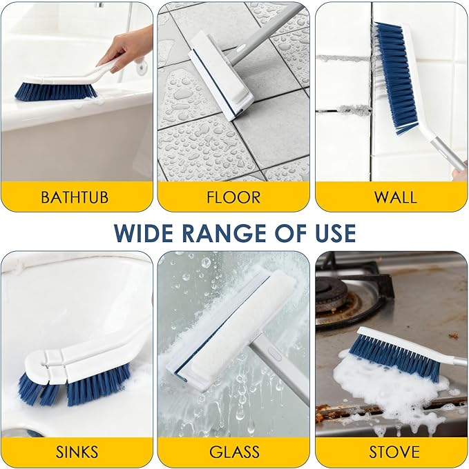 3 Pack Scrub Brush Set - Detachable Stiff Bristle Grout Cleaner Brush, Cleaning Scrubbers with Squeegee for Shower Glass, Heavy Duty Scrub Brushes for Cleaning Bathroom, Bathtub, Gaps, Tile, Floor
