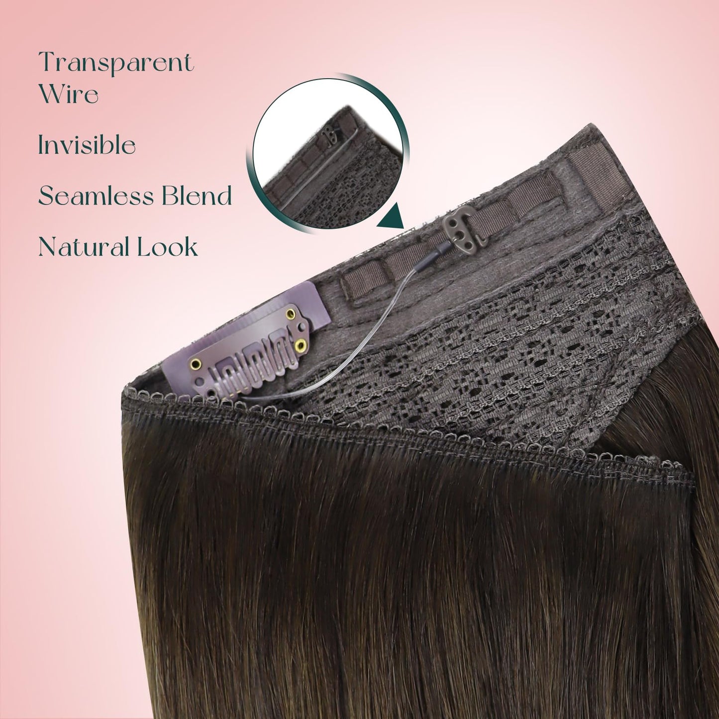 Easyouth Wire Extensions Real Human Hair Balayage Invisible Wire Hair Extensions Dark Brown Ombre Brown Fish Line Hair Extension