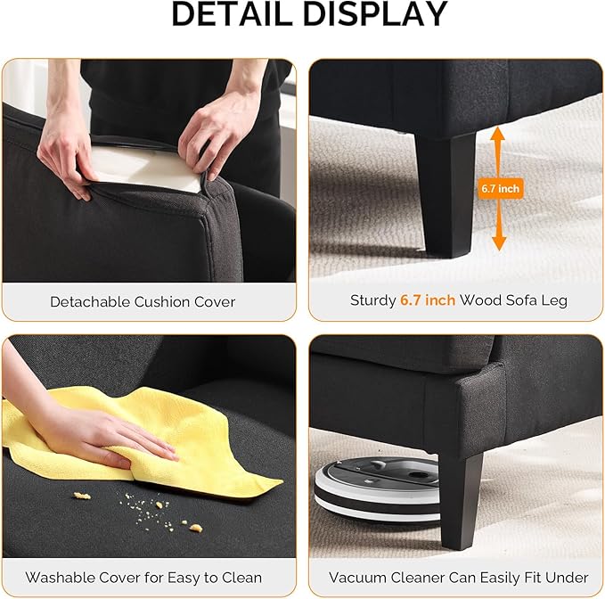 VINGLI Linen Fabric Accent Chairs Set of 2, Black Modern Upholstered Armchair, Comfy Sofa Chair Living Room Bedroom Furniture for Apartment