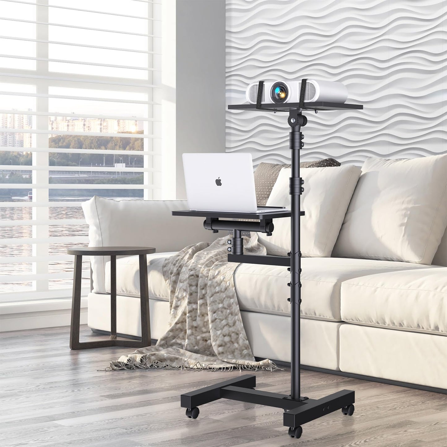 Projector Stand Tripod: 2 Shelves Mobile Laptop Cart Adjustable Height 45 to 64 Inches, Rolling Laptop Stand Cart with Ventilated Tray, Projector Tripod Stand on Wheels for Couch, Bedside, Meeting