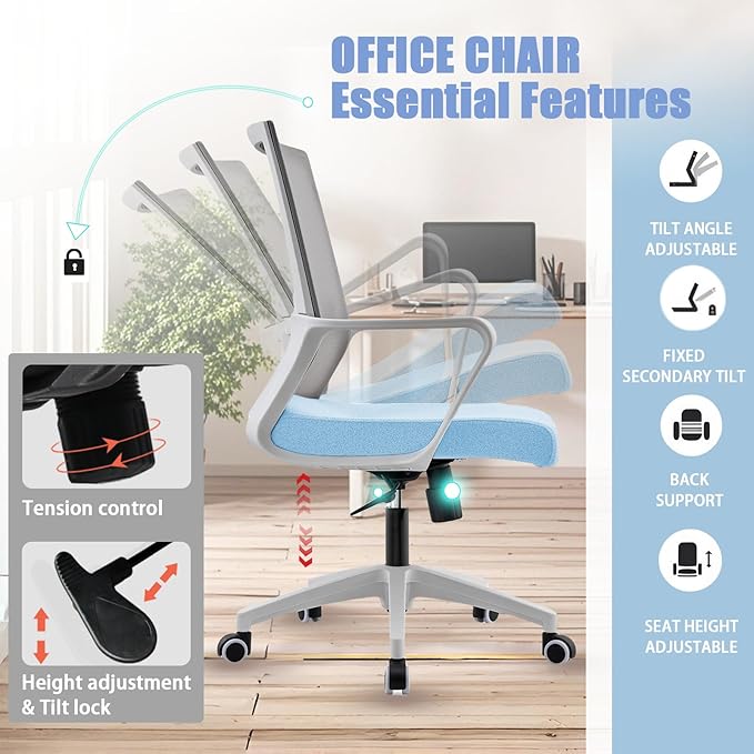 Msdizuo Office Chair ergonomically Designed with Breathable mesh backrest and Lumbar Support Adjustable Height Suitable for Offices Homes bedrooms Study Rooms (Blue)