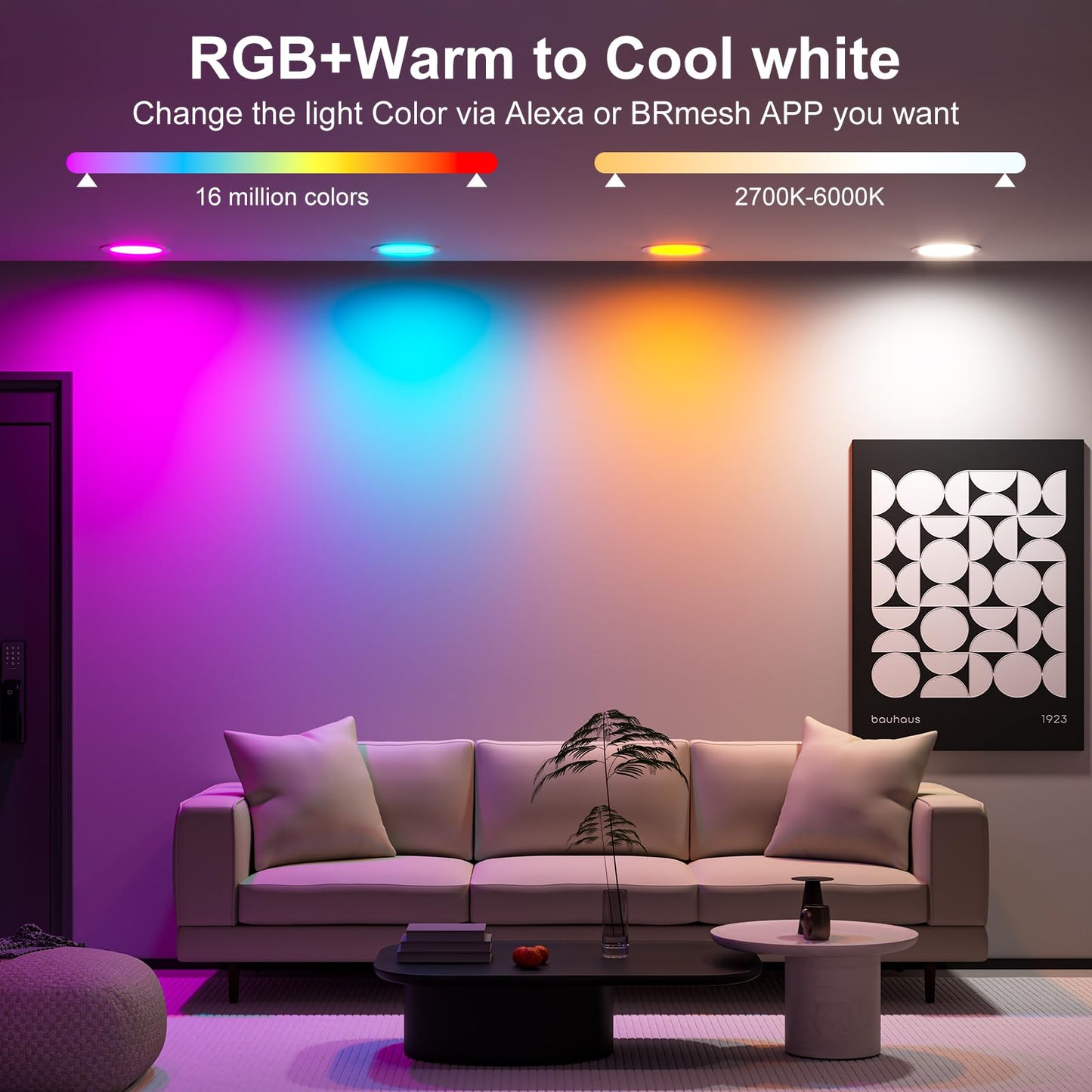 Smart Recessed Lighting 4 Inch RGBCW Color Changing 12W Recessed Ceiling Light with Junction Box,1080LM Canless LED Downlight Compatible with Alexa,Dimmable by Bluetooth Control -12Pack