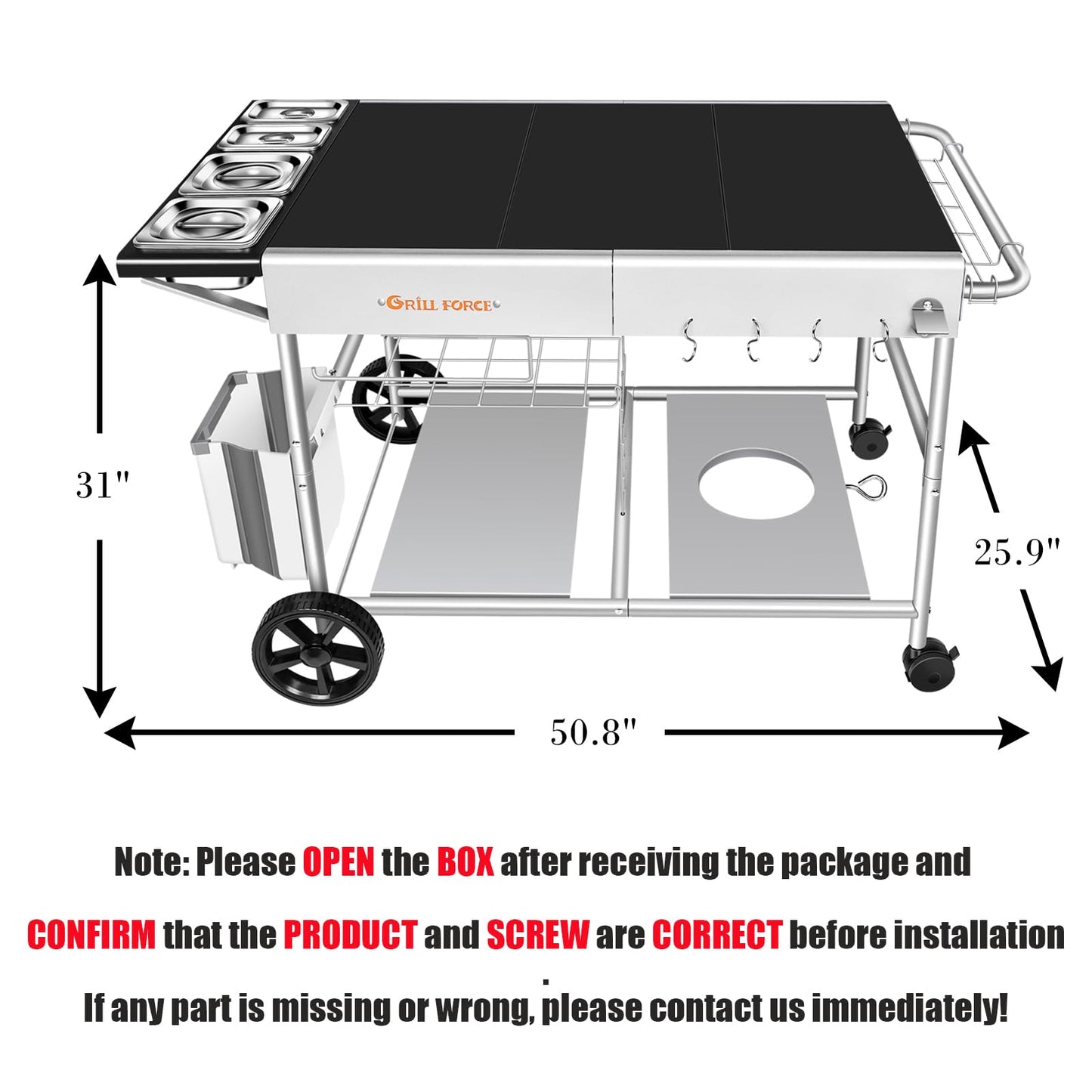 GRILL FORCE Pizza Oven Table with Topping Station, Outdoor Pizza Oven Cart, Grill Table for Outside, Grill Cart, Food Prep Work cart Fits for Ninja Woodfire Grill, Blackstone Griddle,Tabletop Grill